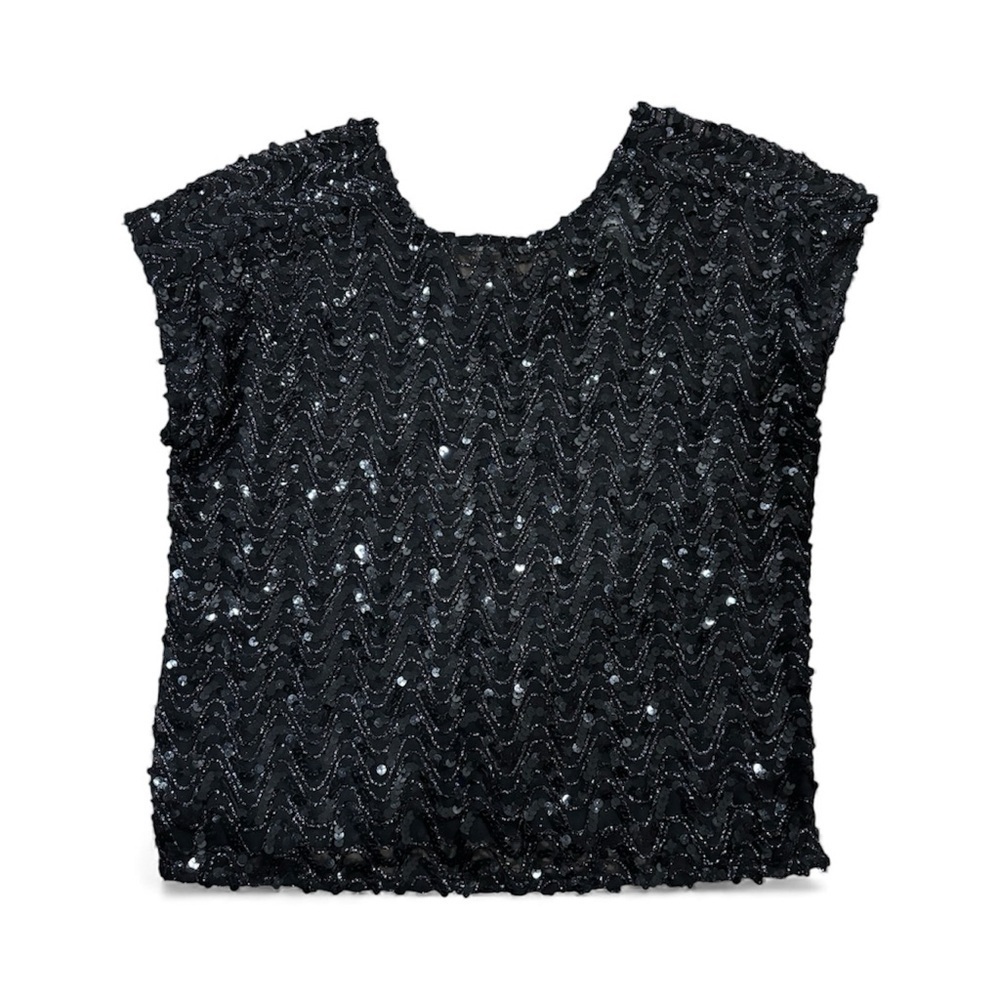 Black Lace Semi Sheer Sequined Top - Picture 1 of 7